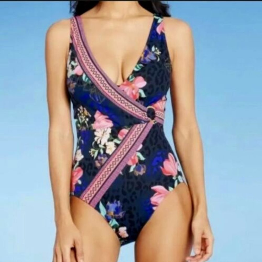 NWT ~ Women's One Piece Floral Wrap Front Swimsuit ~ Aqua Green ~ Sz Large 12-14